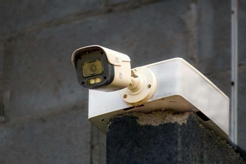 A white bullet security camera mounted on the corner of a house