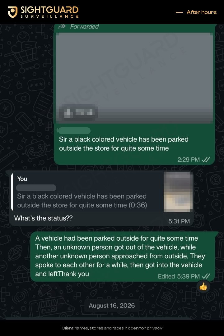 Operator report to a client: vehicle parked outside. Names, faces and plates hidden.