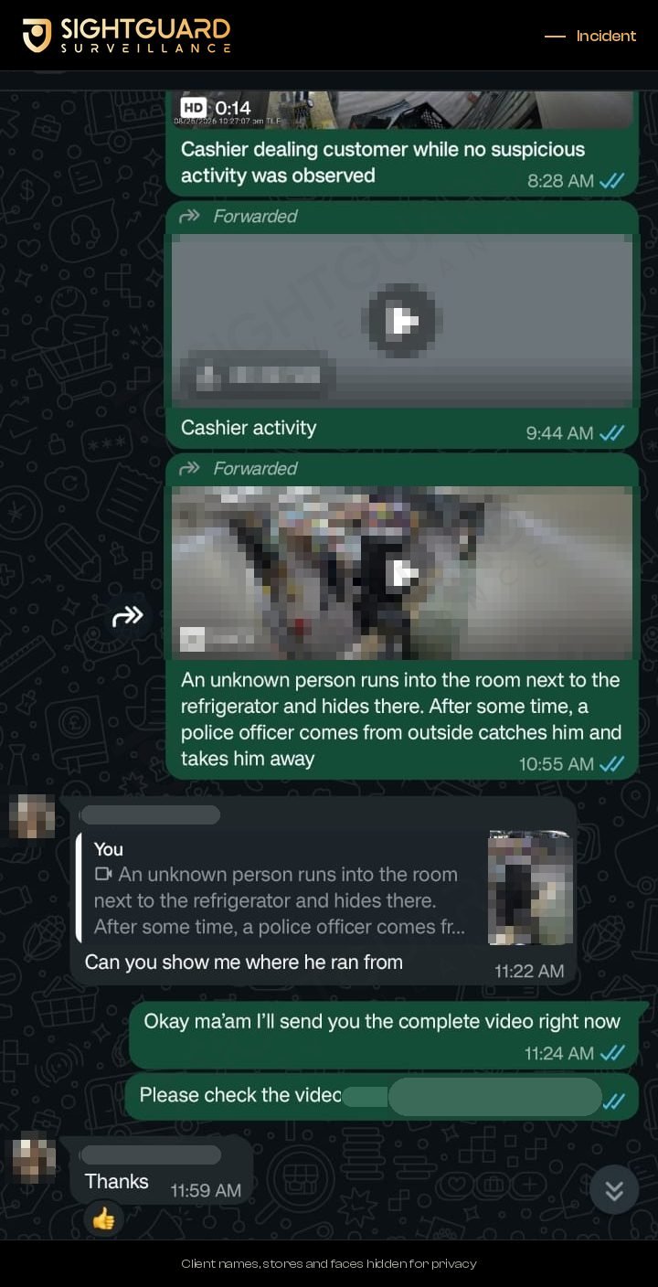 Operator report to a client: suspect caught by police. Names, faces and plates hidden.