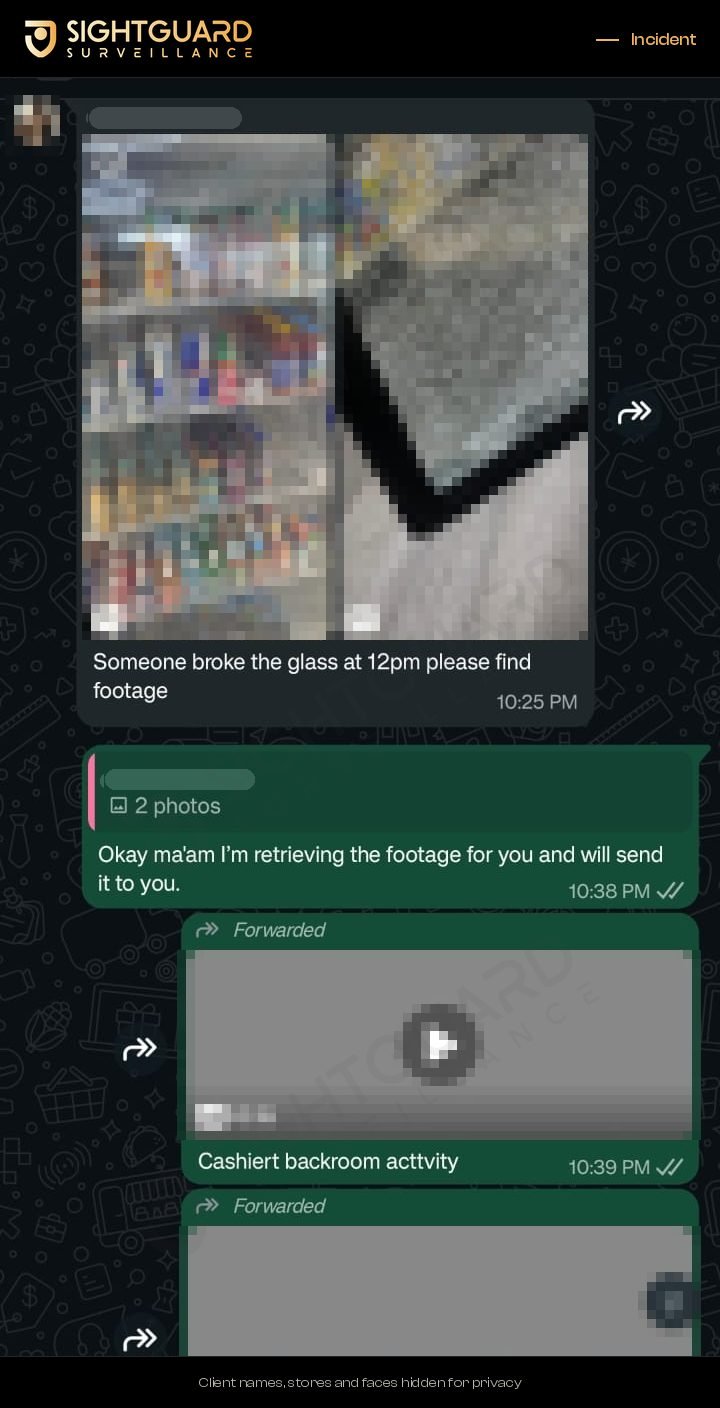Operator report to a client: broken glass footage. Names, faces and plates hidden.