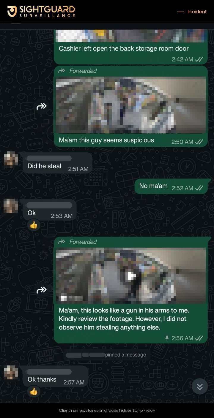 Operator report to a client: possible weapon flagged. Names, faces and plates hidden.