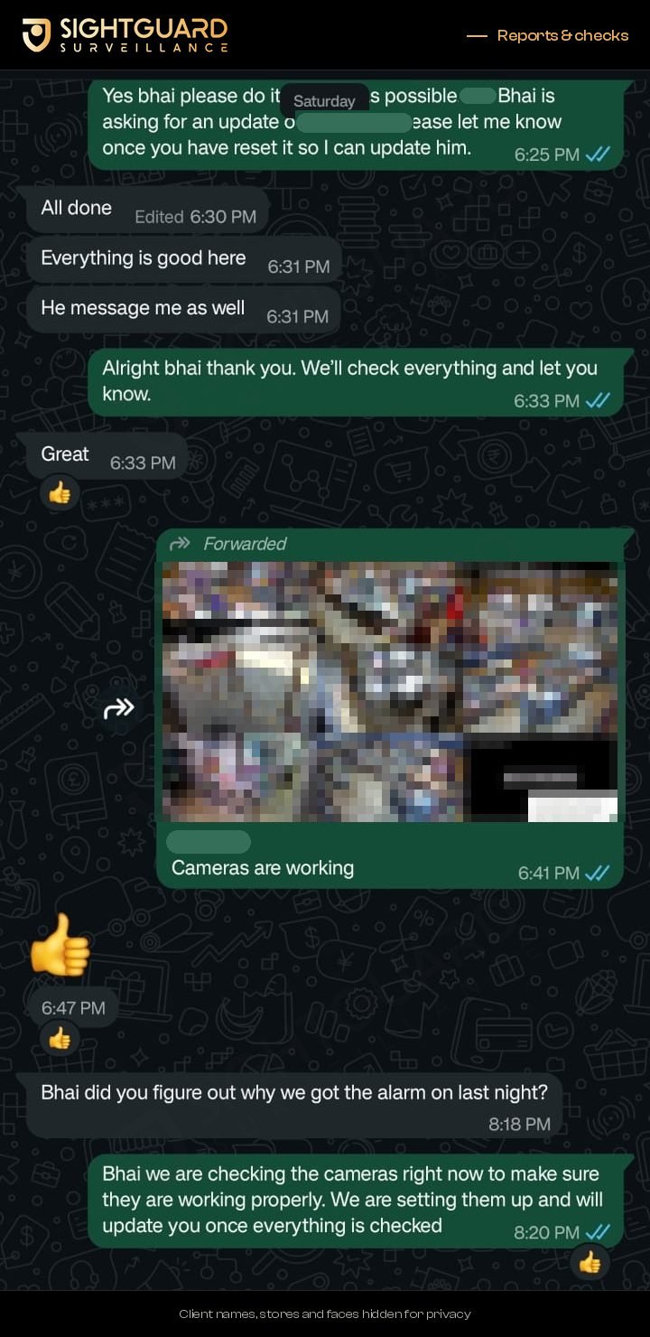 Operator report to a client: cameras checked after a reset. Names, faces and plates hidden.
