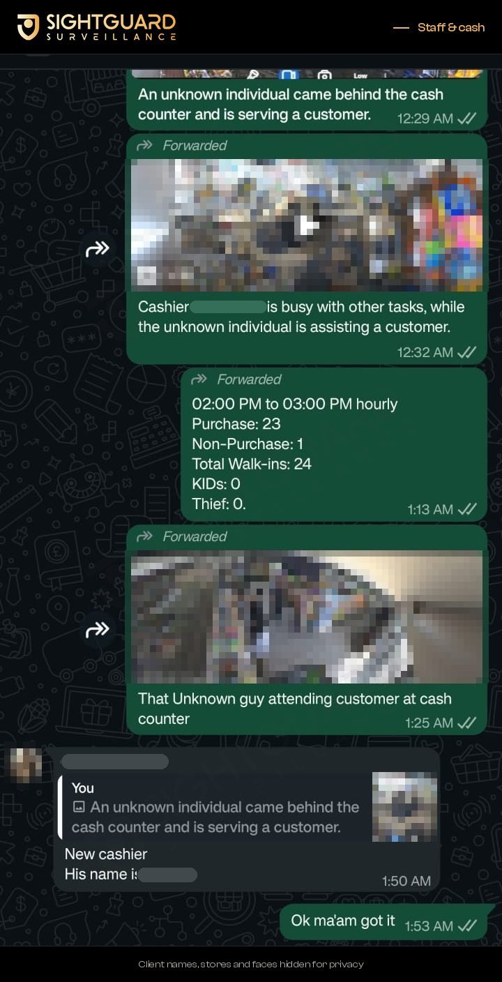 Operator report to a client: unknown person behind the counter. Names, faces and plates hidden.